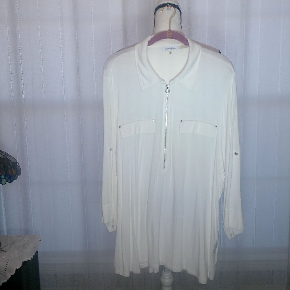 CALVIN KLEIN Long Sleeve Collared 1/2 Zip White Tunic 3XL